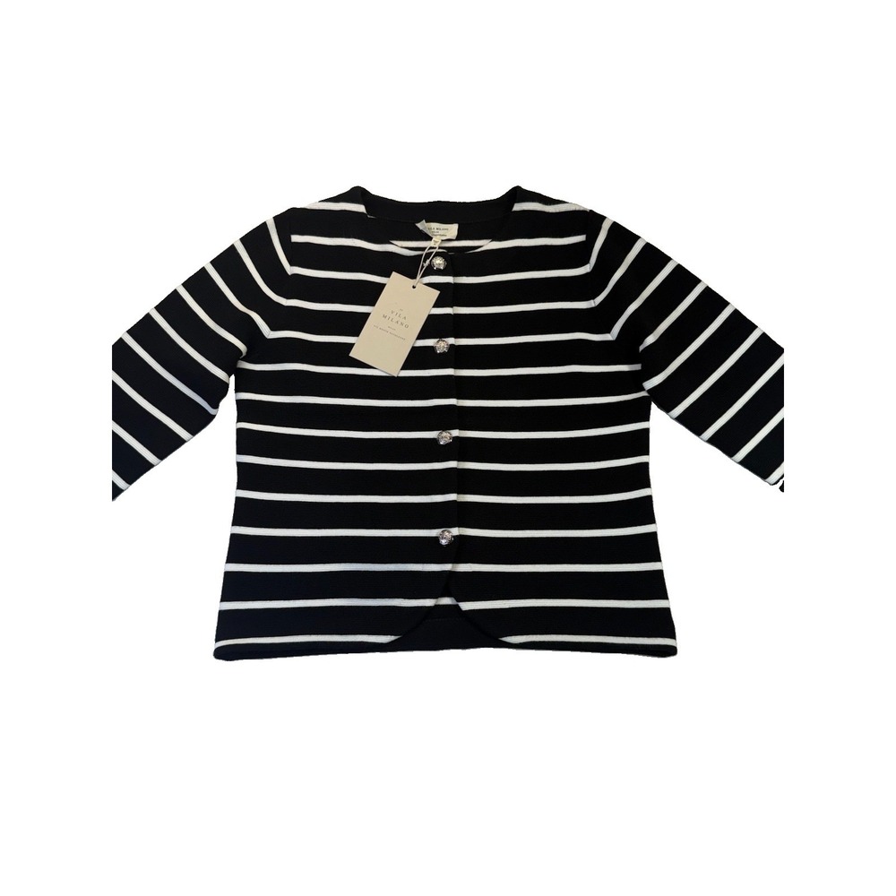 LA VILA MILANO Cardigan Sweater Women's Small Black White Stripe Academia NWT